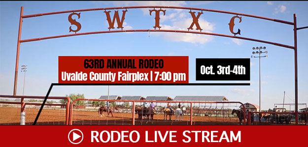 Photo of the SWTX Rodeo Arena entrance with a red banner with the title Rodeo Live Stream with a play button.