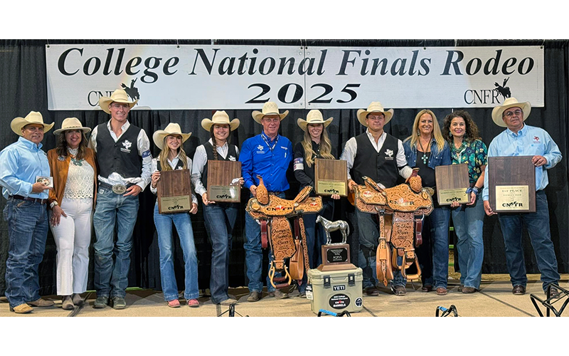 The SWTX Cowboys Rodeo Team poses with Coach Joey Almand, Vice President Derek Sandoval, and President Hector Gonzales in Casper, Wyoming following a fantastic showing, capturing three national titles and several prestigious honors.