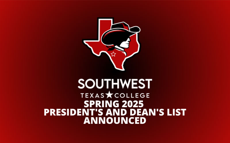 SWTX logo on a red gradient background with the title Spring 2025 President's and Dean's List in white bold font.