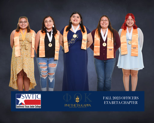 Fall 2023 Eta Beta Chapter Officers pose for a photo in front of a dark blue background