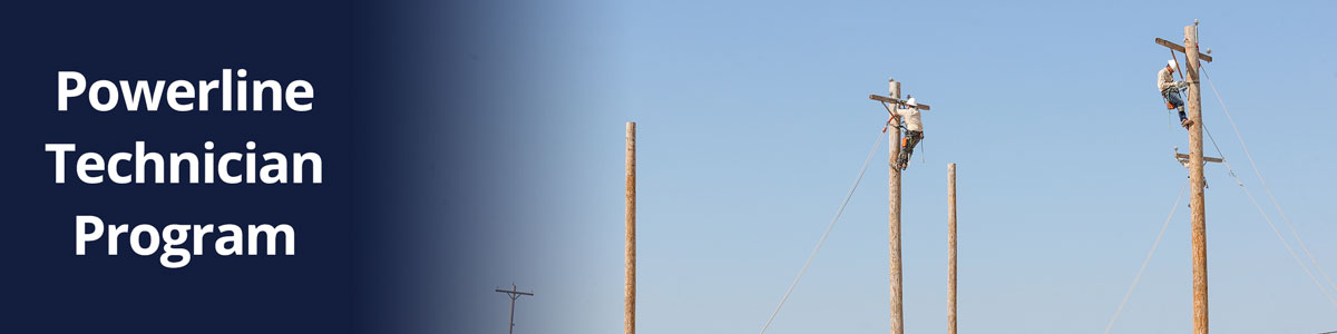 Powerline Technician Program students practice working on an electricity pole alongside the page title Powerline Technician Program