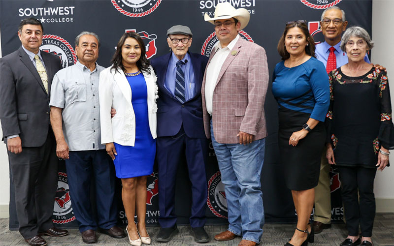 PHOTO ID (left to right): SWTX President Dr. Hector Gonzales, SWTX Board Member Victor Lopez, Dimmit County Judge Martha Ponce, SWTX Board of Trustees President Dr. Harry Watkins, La Salle County Judge Leodoro Martinez III, SWTX Board Member Maria Elena Lara, SWTX Board of Trustees Secretary, Tony Moreno, SWTX Board Member Anita Shackelford