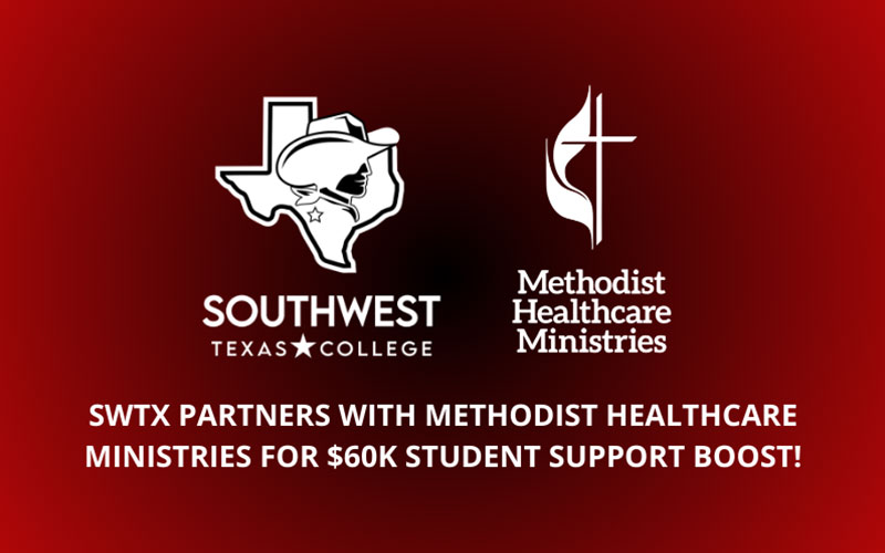 SWTX logo alongside the Methodist Healthcare Ministries logo sit on a red and black gradient background with the title "SWTX Partners with Methodist Healthcare Ministries for $60K Student Support Boost!"