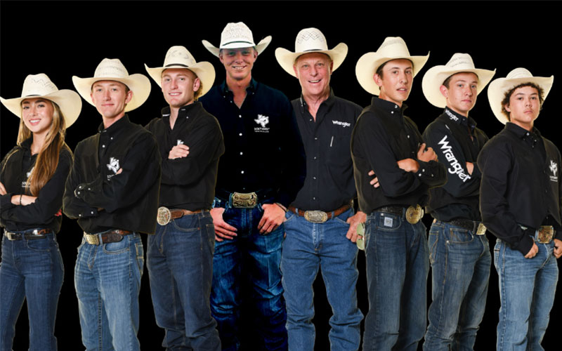 SWTX Rodeo Team Finalists stand alongside Coach Joey Almand in front of a black backdrop.